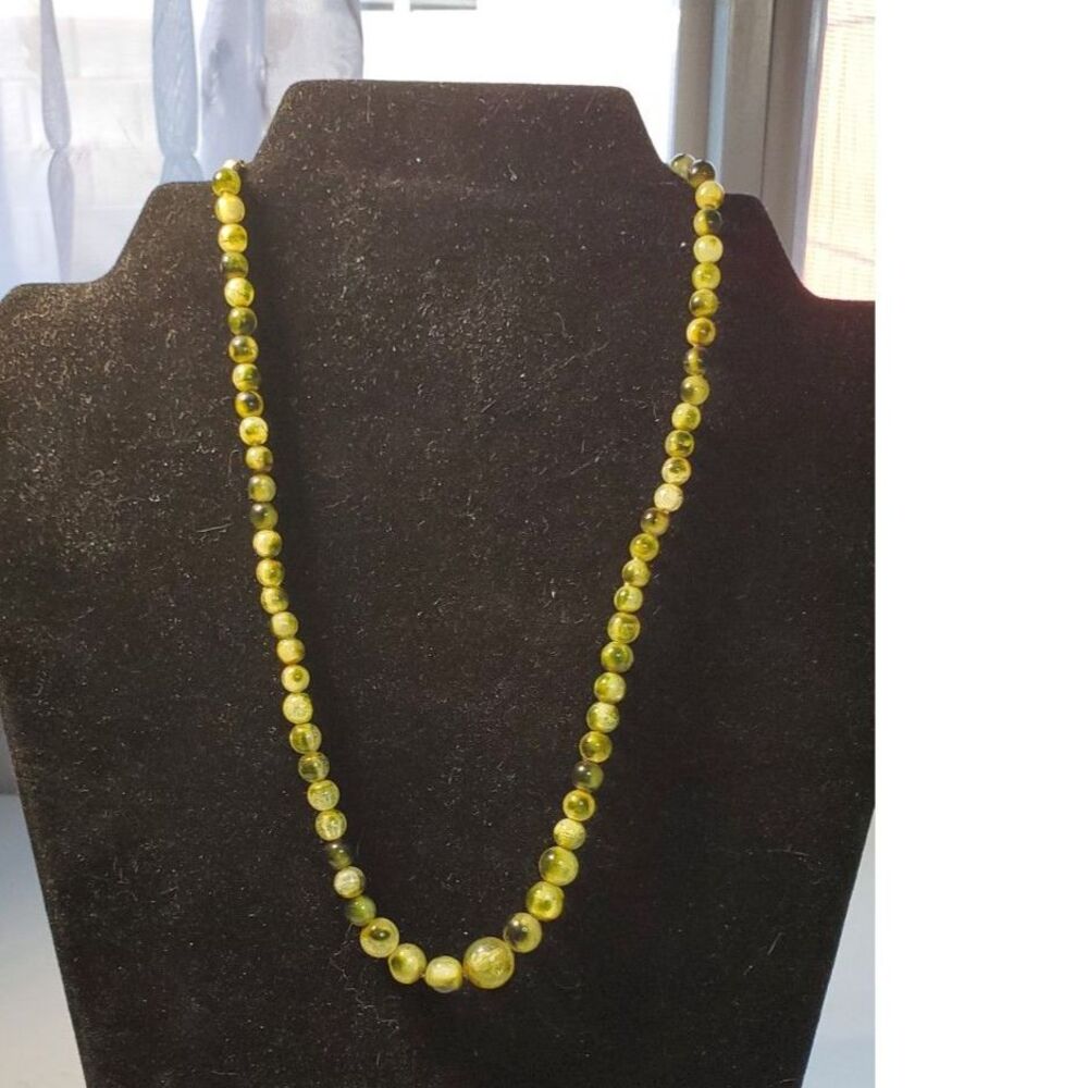 Vintage Green Jasper Beaded Necklace, Graduated Green Black Stone Beads18 Inch